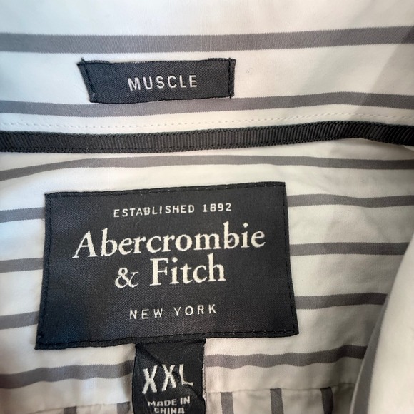 Abercrombie & Fitch Mens XXL Muscle Fit Striped Button Down Shirt White Grey - Picture 2 of 7